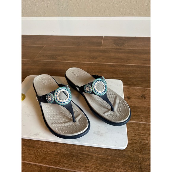 CROCS Shoes - Crocs Sanrah Embellished Wedge Flip Flops Navy Oyster Blue Medallion Size 10